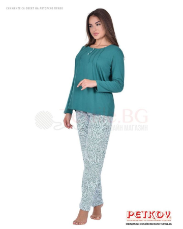 Свободна дамска пижама дълъг ръкав в цветно съчетание в тъмно зелено