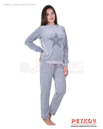 Дамски домашен комплект от плюш с декорация звезда - сив меланж