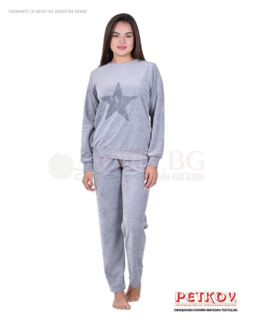 Дамски домашен комплект от плюш с декорация звезда - сив меланж