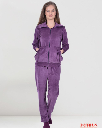 Дамски домашен комплект плюш с цип и големи джобове - пепел от рози