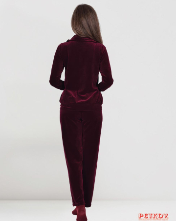 Дамски домашен комплект плюш с цип и големи джобове - бордо