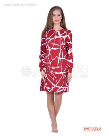 Памучна дамска нощница дълъг ръкав в абстрактен десен в бордо