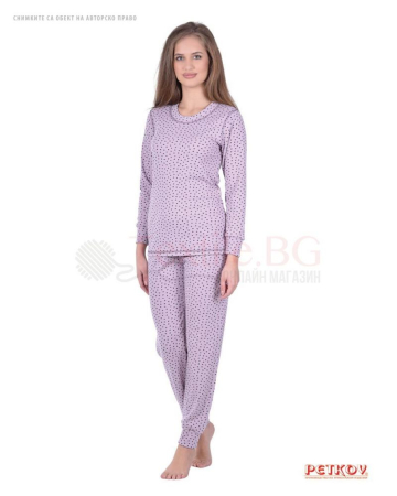 Дамска интерлог пижама памучен рипс в десен сърчица - светло лилаво