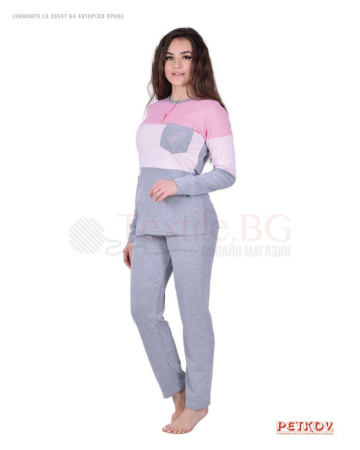 Плътна дамска пижама интерлог с цветни платки и джоб - розово