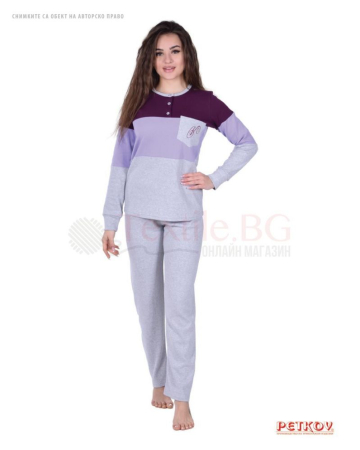 Плътна дамска пижама интерлог с цветни платки и джоб - лилаво
