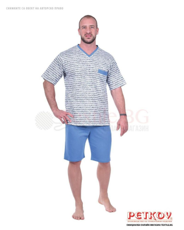 Мъжка пижама къс ръкав остро деколте в десен пъстро райе с джоб - светло синьо