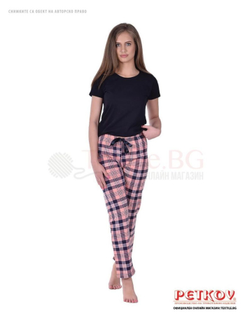 Памучен дамски панталон на пижама каре със сатенена панделка