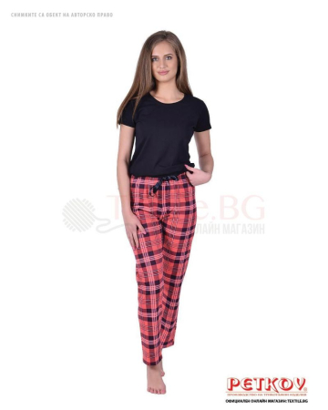 Памучен дамски панталон на пижама каре със сатенена панделка
