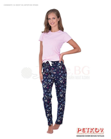 Памучен дамски панталон на пижама сърчица с декоративна сатенена лента