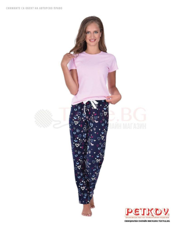 Памучен дамски панталон на пижама сърчица с декоративна сатенена лента
