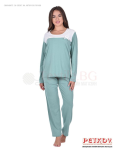 Семпла дамска пижама дълъг ръкав със сатенена панделка за декорация - зелено