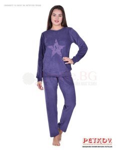 Дамски домашен комплект от плюш с декорация звезда - тъмно лилаво
