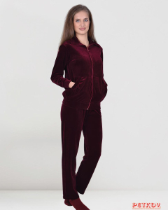 Дамски домашен комплект плюш с цип и големи джобове - бордо