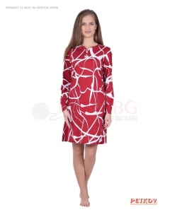 Памучна дамска нощница дълъг ръкав в абстрактен десен в бордо