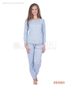 Дамска интерлог пижама памучен рипс в десен сърчица - светло синьо