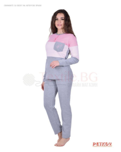 Плътна дамска пижама интерлог с цветни платки и джоб - розово