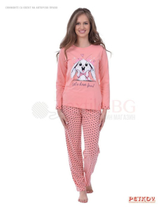 Памучна дамска пижама дълъг ръкав с декорация заек