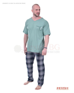 Kомфортна мъжка пижама с къс ръкав и дълъг каре панталон - зелено