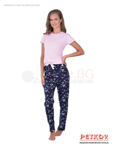 Памучен дамски панталон на пижама сърчица с декоративна сатенена лента