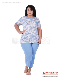 Памучна макси пижама къс ръкав в десен красиви рози в светло синьо